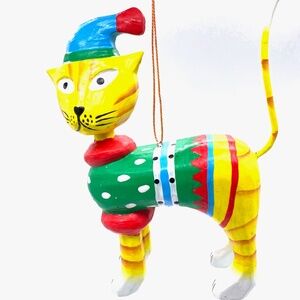 Hand Carved Yellow Cat In a Sweater Ornament